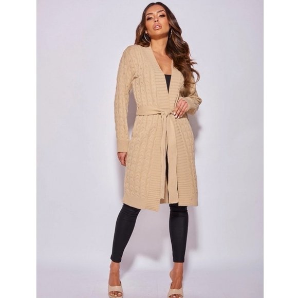 Knitted Long Sleeve Belted Long Midi Cardigan Sweater Duster - Picture 3 of 14